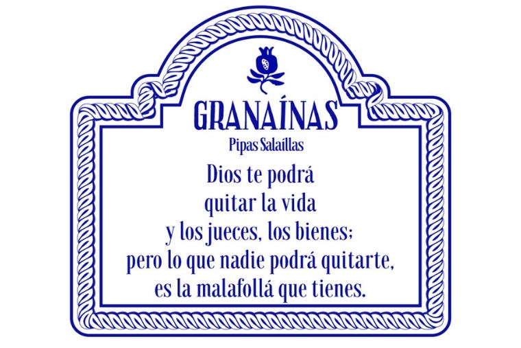 Placa de las calles de Granada en fondo blanco con borde y letras en azul, con poema sobre la malafollá granaína